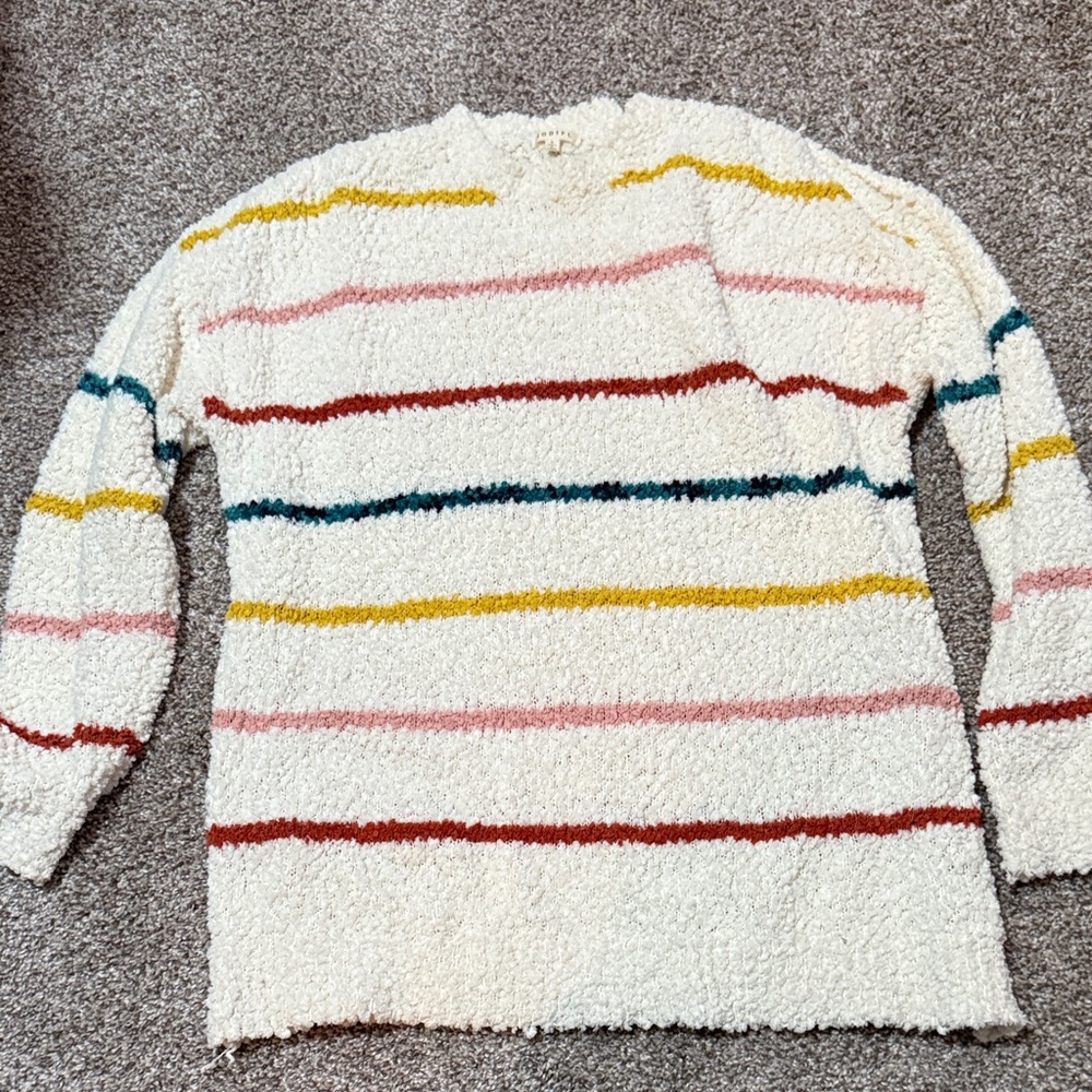 JODIFL Cream Popcorn Knit Sweater with Pink, Yellow, Teal & Red Stripes